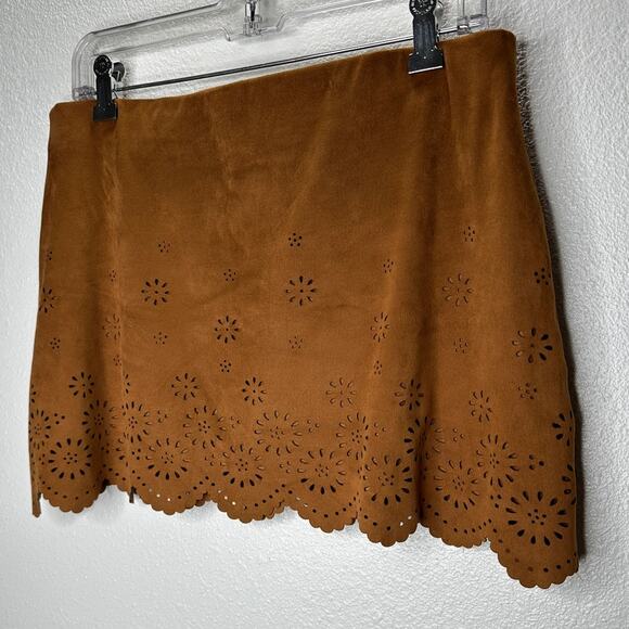 Zara Rust Brown Faux Suede Laser Cut Scalloped Hem Skirt L - Picture 6 of 13